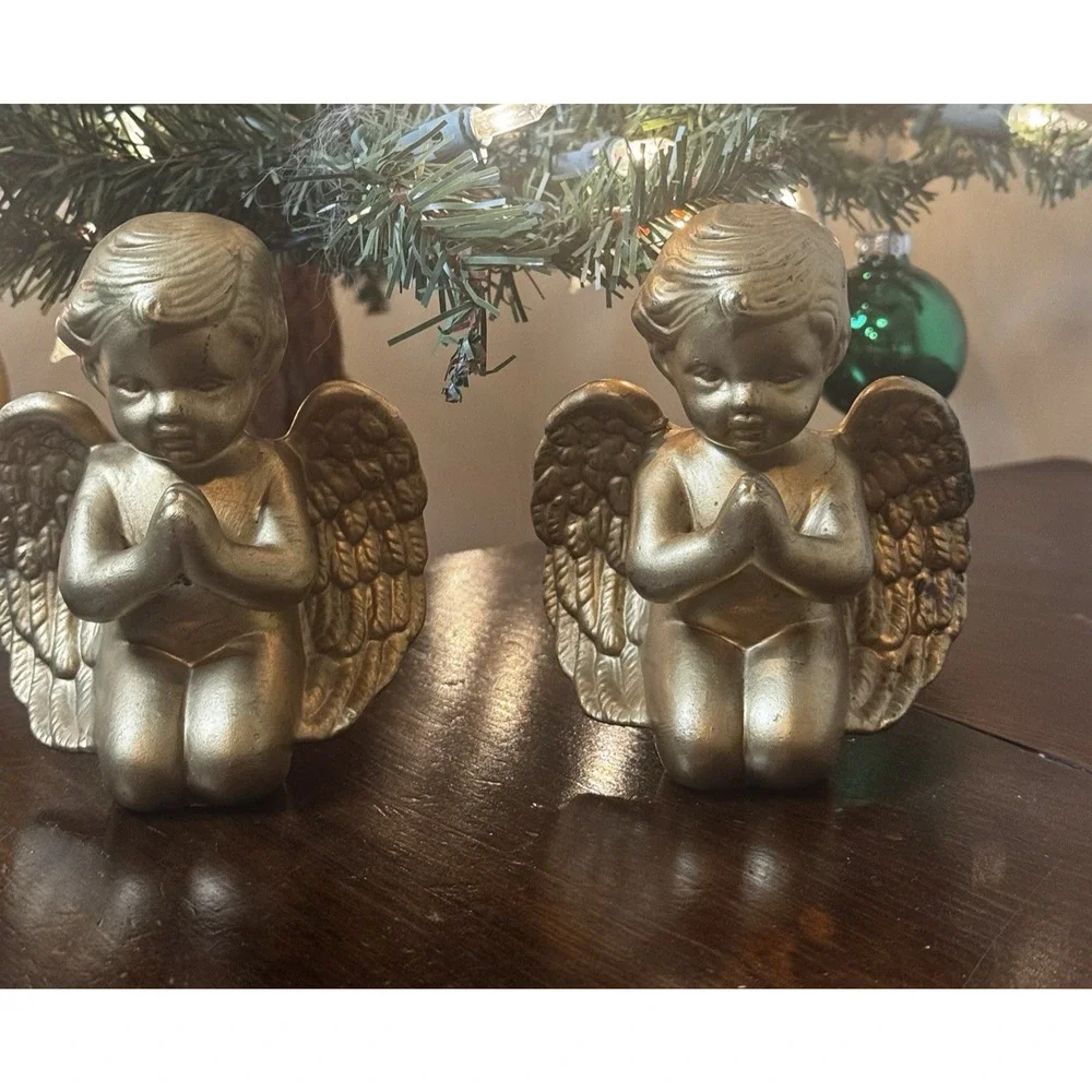 Vintage Angel Praying Gold Tone 2 Cherubs Made Taiwan 4.5